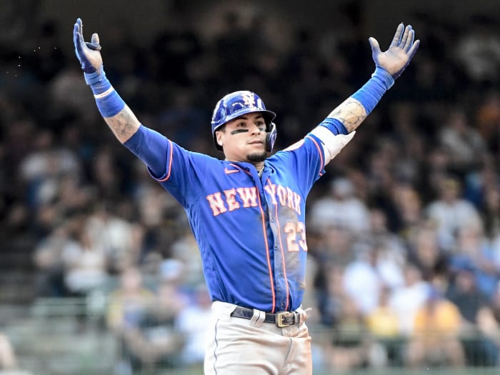 Sep 26, 2021; Milwaukee, Wisconsin, USA; New York Mets shortstop Javier Baez (23) reacts after hitting a double to drive in 2 runs in the fourth inning against the Milwaukee Brewers at American Family Field.